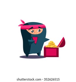 Cute Emotional Ninja Found a Chest with Treasure. Flat Vector Illustration