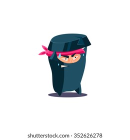 Cute Emotional Ninja Holding a Heavy Stone. Flat Vector Illustration