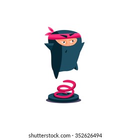 Cute Emotional Ninja Jumping Up. Flat Vector Illustration