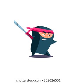 Cute Emotional Ninja with Katana. Flat Vector Illustration