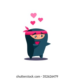 Cute Emotional Ninja  In Love. Flat Vector Illustration