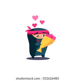 Cute Emotional Ninja In Love with Flowers. Flat Vector Illustration