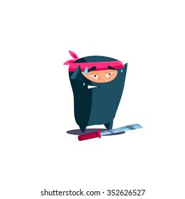 Cute Emotional Ninja Scared, Dropped Weapon. Flat Vector Illustration