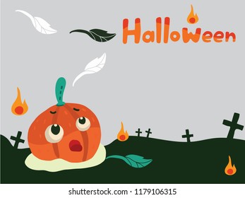 Cute emotional pumpkin with fire in the grave yard on light grey background with copy space. Perfect for Halloween Holiday