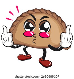 Ilustración vectorial linda del carácter de la mascota de la empanada que levanta dos dedos medios, trabajo de la mano dibujada