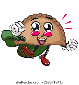 cute empanada mascot character vector illustration as flying superhero wearing a robe, work of hand drawn