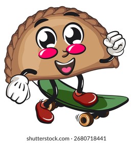 cute empanada mascot character vector illustration playing skateboarding, work of hand drawn