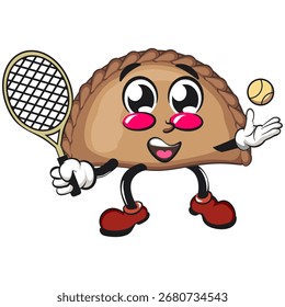 Ilustración vectorial linda del carácter de la mascota de la empanada que juega al tenis, trabajo de la mano dibujada