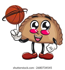 Ilustración vectorial linda del carácter de la mascota de la empanada gira el baloncesto con el dedo índice, trabajo de la mano dibujada