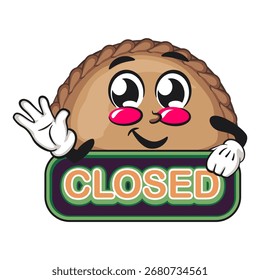 cute empanada mascot character vector illustration showing a sign that says closed while waving his hand, work of hand drawn