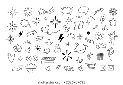 Cute emphasis doodle set. Simple sketch line elements. Doodle hearts, arrows, stars, clouds decorations