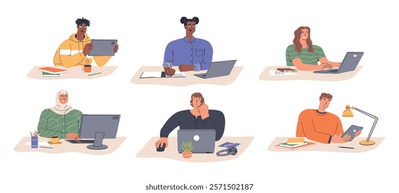 Cute employees on remote work. Young people sitting with laptops and tablet, freelancers in workplace, happy people with gadgets. vector set