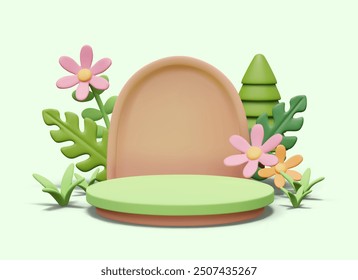 Cute empty scene in floral plasticine style. Platform with flowers, trees, grass