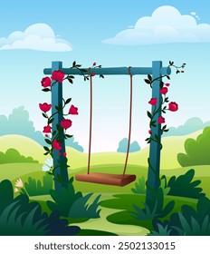 Cute empty swing decorated with flowers on a sunny summer day. Colorful hand drawn vector illustration.