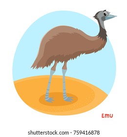 Cute emu in cartoon style. Vector illustration of wild animal isolated on white background. Cute zoo alphabet, letter E. Illustration used for magazine, poster, card, book, web pages.