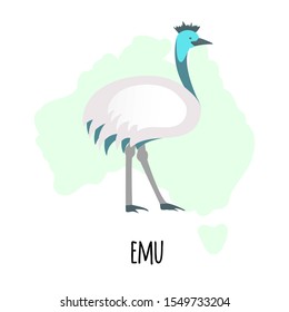  Cute emu character with silhouette of Australian map isolated on white background. Vector illustration of Australian animal, wild life and fauna.