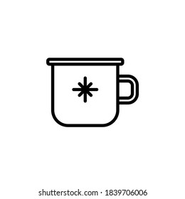 Icono de vector de la taza de esmalte de esmalte. Tubo de bebida metálica con copo de nieve. Arte de línea minimalista.