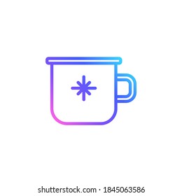 Cute enamel mug vector icon in bright color gradient. Metal drinking cup with a snowflake. Minimalist line art in blue, violet and pink.