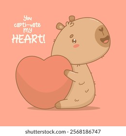 Cute enamored Capybara with big heart. Calm happy cartoon kawaii character on pink background. Vector illustration. Holiday Valentine cool card with slogan congratulations