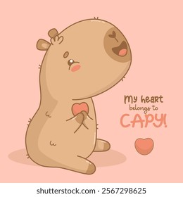 Cute enamored Capybara with heart. Happy cartoon kawaii animal on pink background. Vector illustration. Holiday Valentine cool card with slogan congratulation