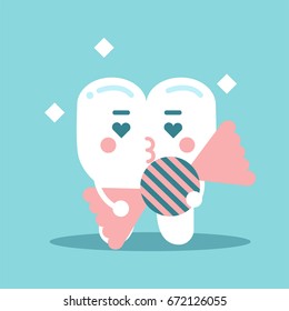 Cute enamored cartoon tooth character holding candy, dental vector Illustration for kids