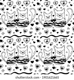 Cute enamored cats are holding hearts. Vector Seamless Pattern. White and black Doodle style