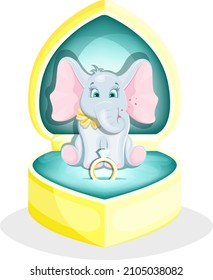 A cute and enamored elephant sits in a box with a ring. Declaration of love