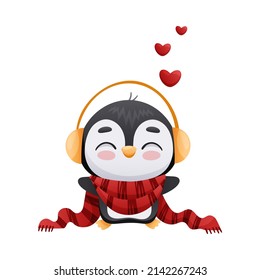 Cute enamored penguin wearing earmuffs and scarf. Adorable funny baby bird cartoon character. New year and Christmas design vector illustration