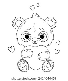 Cute enamored polar bear with heart. Funny animal character in love. Holiday Valentine. Vector illustration. Line drawing, coloring book. Kids collection