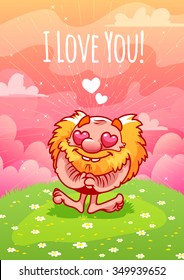 Cute enamored shaggy red gnome on the green lawn. Greeting card for Valentine's Day with inscription "I love you!" in pink tones. A4 format, vertical orientation. Cartoon funny character.