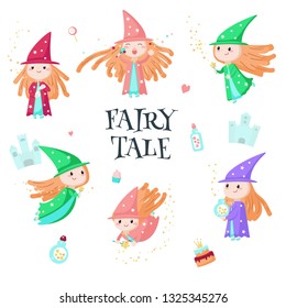 Cute enchantress icon set. Vector illustration isolated on white background. Beautiful little girls, mythical creatures and fairy tale characters doing magic using with magic wand and potion.