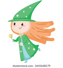 Cute enchantress running with magic wand vector