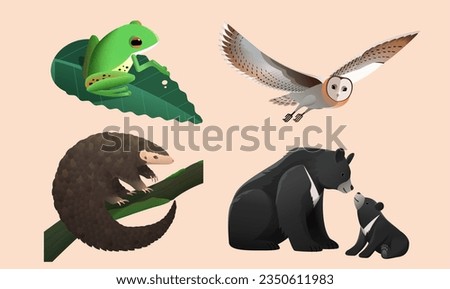 Cute endangered formosan animal element set isolated on beige background. Including Moltrecht tree frog, Eastern grass owl, Chinese Pangolin, Formosan black bear. [[stock_photo]] © 
