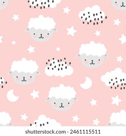 Cute endless design with hand drawn sheep on a pastel pink background with clouds and stars, kids fabric seamless pattern