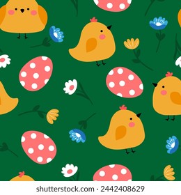 Cute endless Easter background. Chickens, Easter eggs and flowers. Seamless Repeat Pattern. Vector colorful pattern on a green background for textiles, packaging, paper, wallpaper.