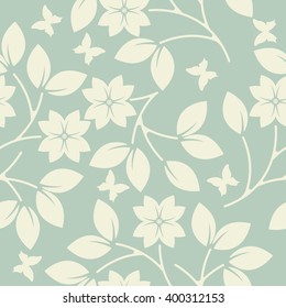 Cute endless pattern with flowers, leaves and butterflies.  Decorative background for your designs. Vector image.