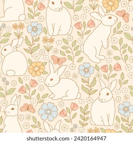 Cute endless pattern in pastel colors with bunnies and flowers