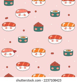 Un interminable patrón con sushi, rollos y pistolas. Ornamento kawaii con comida japonesa tradicional. Cocina asiática. Ilustración vectorial de material.