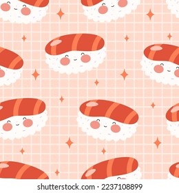 Un interminable patrón con sushi, rollos y pistolas. Ornamento kawaii con comida japonesa tradicional. Cocina asiática. Ilustración vectorial de material.