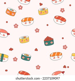 Un interminable patrón con sushi, rollos y pistolas. Ornamento kawaii con comida japonesa tradicional. Cocina asiática. Ilustración vectorial de material.