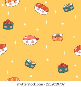 Un interminable patrón con sushi, rollos y pistolas. El restaurante Kawaii es perfecto para la comida tradicional japonesa. Cocina asiática. Ilustración vectorial de material.