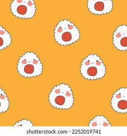 Un interminable patrón con sushi, rollos y pistolas. El restaurante Kawaii es perfecto para la comida tradicional japonesa. Cocina asiática. Ilustración vectorial de material.