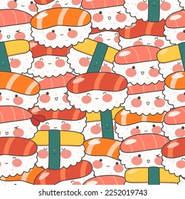 Un interminable patrón con sushi, rollos y pistolas. El restaurante Kawaii es perfecto para la comida tradicional japonesa. Cocina asiática. Ilustración vectorial de material.