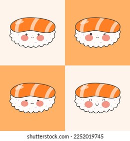 Un interminable patrón con sushi, rollos y pistolas. El restaurante Kawaii es perfecto para la comida tradicional japonesa. Cocina asiática. Ilustración vectorial de material.