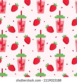 cute endless seamless pattern with glass of strawberry smoothie and strawberries flat vector illustration