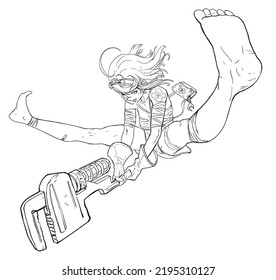 A cute and energetic anime girl makes a swing with a heavy wrench after an extreme acrobatic flip, she smiles with an oar, she does not have mechanic glasses, bandages and a bag. 2d action line art