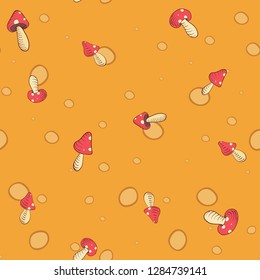 Cute, energising seamless repeat pattern of Mini Mushrooms on a light orange background - Vector. Suitable for fabric, wallpaper, wrapping paper.