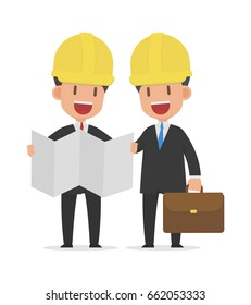 Cute Engineer or Architect and Cute Contractor are discussing plan of building, Vector illustration flat design style and isolated