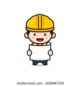 Cute engineer architect holding paper sketch cartoon icon illustration. Design isolated flat cartoon style