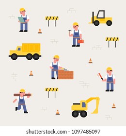 Cute engineer characters and heavy equipment working on the construction site. flat design style vector illustration set